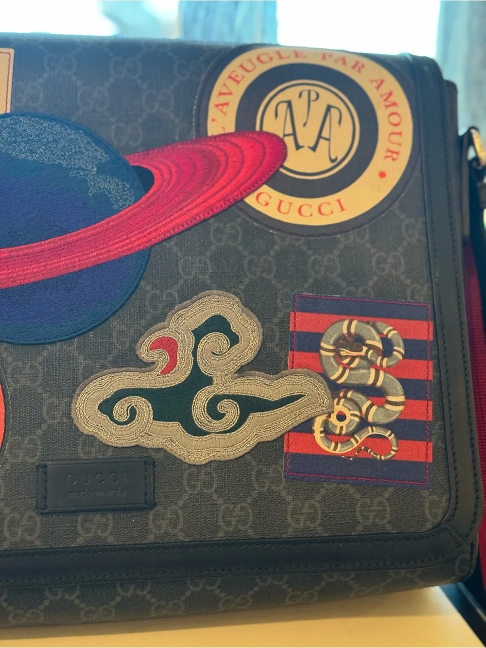 Gucci Navy GG Supreme Messenger Bag with Multicolor Planet & Patch Accents